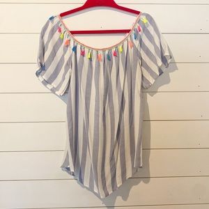 CUTE Tassel Off Shoulder Vacation Blouse Blue & White Striped